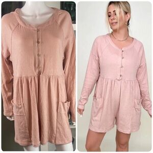 NWT NEW Heyson Comfy Large L Pink Button Down Romper Shorts Jumpsuit Long Sleeve